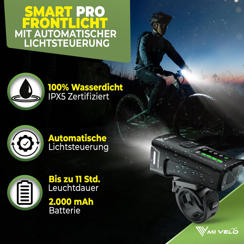 MIVELO SMART PRO Fahrradlicht Set mit Bremsfunktion&11h Akkulaufzeit StVZO zugelassen Fahrradbeleuchtung USB-aufladbar & 100% wasserdicht LED Fahrrad Licht vorne & hinten Rücklicht, Fahrradbeleuchtung