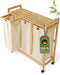 AMBIAVO® Wäschekorb 3 Fächer mit Rollen [beige, 100% Baumwolle, Bambus, 90 l Volumen] | Wäschesammler für Schmutzwäsche| Wäsche Sortiersystem | Wäschesortierer Holz | Wäschebox | laundry baskets