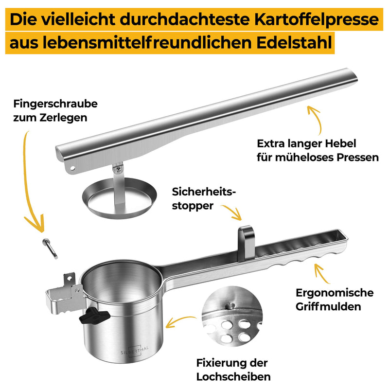 SILBERTHAL Kartoffelpresse - Spätzlepresse - Edelstahl Rostfrei - 3 Einlegescheiben inklusiv - Spülmaschinenfest