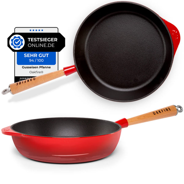Oakfire Bratpfanne Gusseisen Emailliert 28cm Induktion Pfanne Gusseisern Gusspfanne Steakpfanne Schmorpfanne Holzgriff rot mit Non-Stick Patina, Emaille