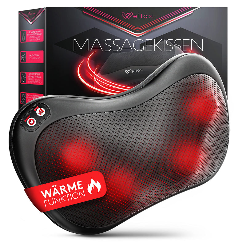 Wellax - Massagekissen mit Wärmefunktion & 360° Drehung - Shiatsu Nackenmassagegerät mit 3 Geschwindigkeiten für Schultern & Rücken - inkl. Verlängerungsgurt - Neck Massager, Schwarz