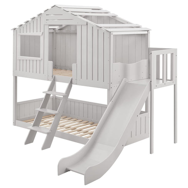 Juskys Kinderbett Baumhaus 90 x 200 cm mit Dach, Rutsche & Leiter — Etagenbett Weiß für Kinder — 2X Lattenrost bis 150 kg — Hausbett aus Massivholz