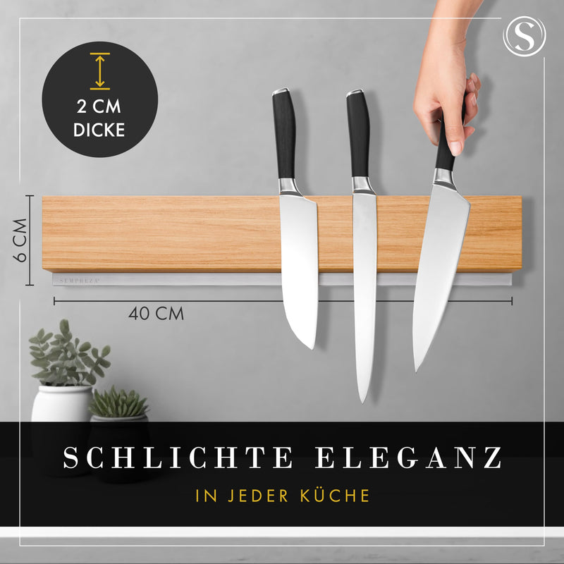 SEMPREZA® Magnetleiste Messer | 40cm | Eichenholz & Edelstahl | zum Kleben oder Schrauben | Messerhalter magnetisch | Messerleiste magnetisch | Magnet Messerhalter selbstklebend