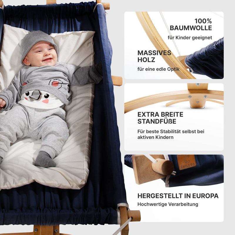 CHILDOO Baby Hängematte [QuickFix-Schlaufe] Babywiege Babybett Federwiege mit Gestell Babyschaukel Babywippe für Kinderzimmer, Esszimmer, Wohnzimmer | Beige