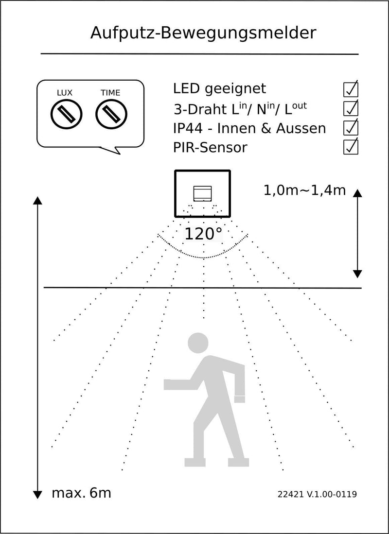 Aufputz Bewegungsmelder für Aussen IP44 Sensor 120° Erfassung 6m Reichweite für Garage Keller Hauseingang 2-500W LED geeignet Aufputz Zeit Regelbar Grau