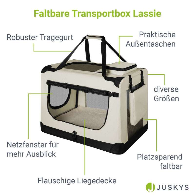Juskys Hundetransportbox Lassie M (beige) faltbar - 42 x 60 x 44 cm - Hundebox mit Decke, Tasche & Griffen — Stoff Kleintiertasche für Hunde
