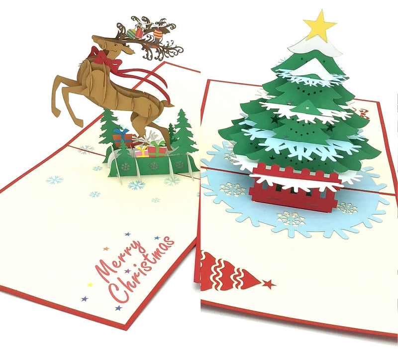 Weihnachten, 2er Set Pop Up 3D Merry Christmas schöner Papierschnitt bestes Geschenk für Weihnachten Motive Rentier Schlitten mit Santa Claus Gutschein Geschenkideen Dreiklang -be smart