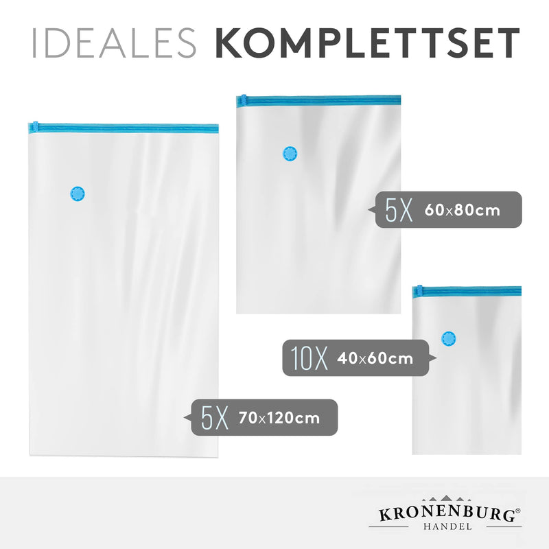 Kronenburg Vakuumbeutel für Kleidung 20er Set - Vakuum Kleiderbeutel wiederverwendbar – 3 Größen Aufbewahrungsbeutel für Kleidung Bettwäsche Winterkleidung und mehr - weitere Sets wählbar