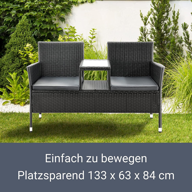 Juskys Polyrattan Gartenbank Monaco - 2-Sitzer Bank mit Tisch & Kissen - 133 × 63 × 84 cm - Rattan Sitzbank wetterfest Garten Balkon — schwarz