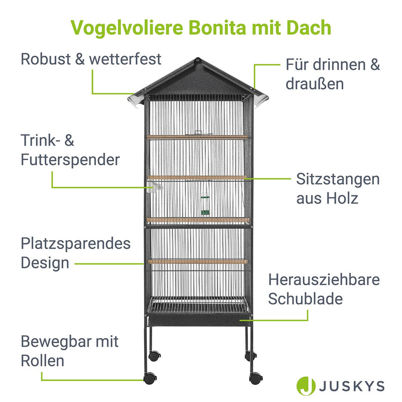 Juskys Vogelvoliere Bonita mit Dach & Rollen - kompakter Käfig für Vögel 52x52x156 cm - Zubehör & Schublade - Vogelkäfig Wellensittich Voliere