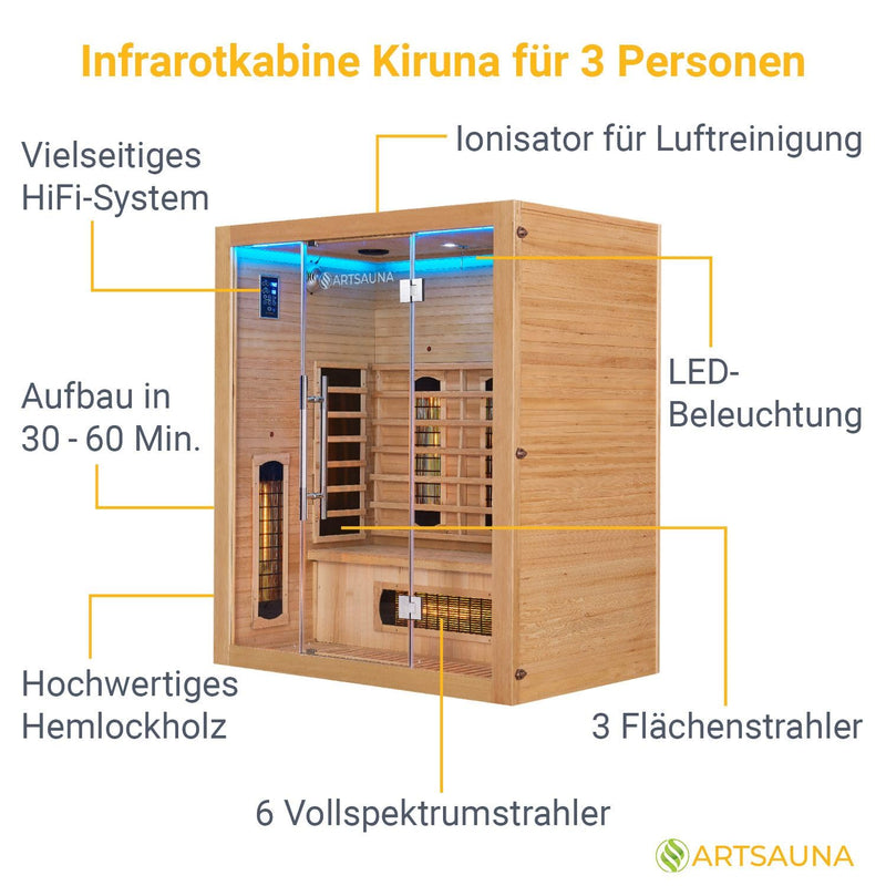 Artsauna Infrarotkabine Kiruna160 mit 6 Vollspektrum- & 3 Flächenstrahler, 3 Personen, 160x105x190 cm, LED Farblicht & Glastür, Infrarotsauna Sauna