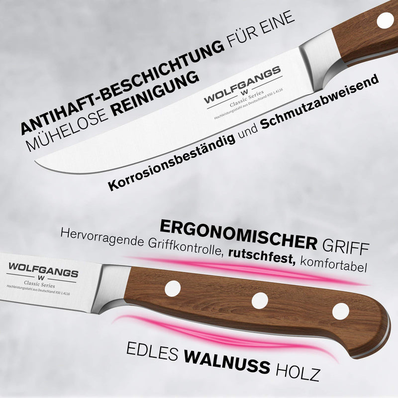 Wolfgangs Edles Steakmesser Set - 100% rostfreie Steak Messer mit Edelstahl-Klinge - Steakmesser Holzgriff - Premium Steakbesteck auch für festes Fleisch - Extrascharfes Messerset