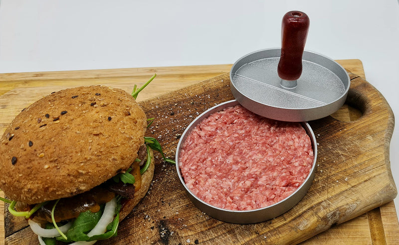 Dreiklang - be smart Hamburger Burger Press Aluguss Burgerpresse BBQ Patties mit Antihaftbeschichtung roter Holzgriff Silber Vegan Plastikfrei