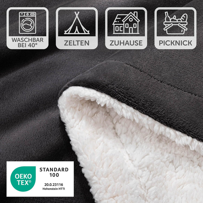 Blumtal Premium Sherpa Kuscheldecke 130 x 150 cm - warme Decke Oeko-TEX® zertifizierte Dicke Sofadecke, Tagesdecke oder Wohnzimmerdecke, Anthrazit