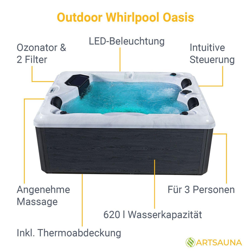 Artsauna Outdoor Whirlpool Oasis - Spa mit Massagedüsen, LED-Beleuchtung, 2 Filter, Abdeckung, Pumpe - Whirlpool Winterfest & beheizbar