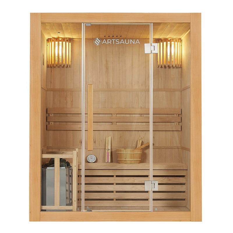 Artsauna Saunakabine Tampere mit 4,5 KW Ofen — Sauna 150 x 110 x 190 cm mit Glasfront, LED-Beleuchtung, Thermometer & Sanduhr — Kabine aus Hemlockholz