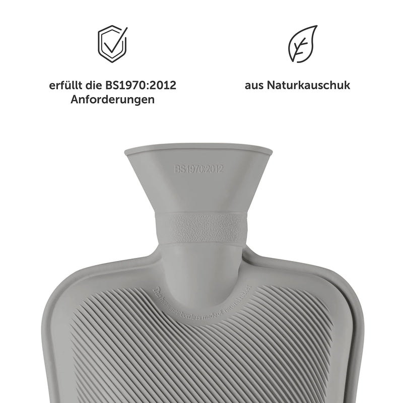 Blumtal Wärmflasche mit Premium Vliesbezug in Samtoptik - Wärmeflasche mit Bezug zur Schmerzlinderung, Auslaufsichere Bettflasche aus Naturkautschuk für Kinder und Erwachsene, Grau