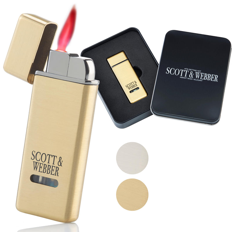 Scott & Webber® - Sturmfeuerzeug mit Jetflamme - Nachfüllbares Feuerzeug aus Metall einstellbar bis 1300°C - Inkl. edler Metallbox (Gold Master)