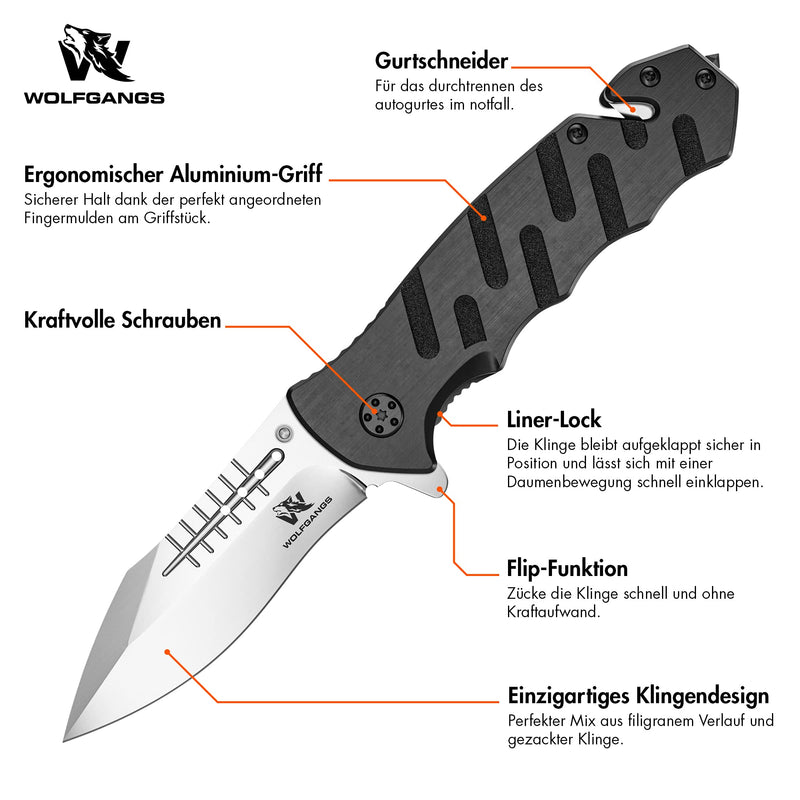 Wolfgangs Survival-Klapp-Messer AUXILUM aus 440C Stahl - Einhändig bedienbares Outdoor-Messer mit Glasbrecher & Gurtschneider (Silber)