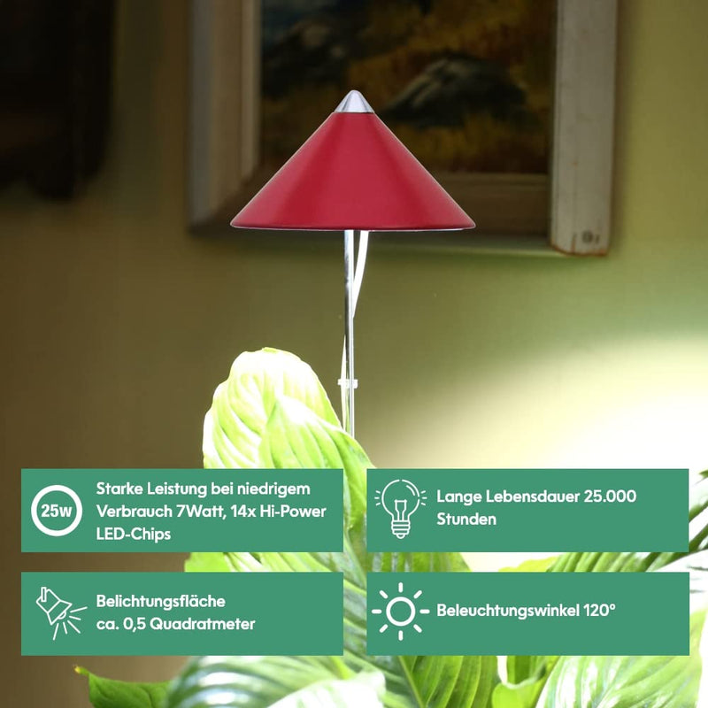 Parus by Venso SUNLiTE 7W LED Vollspektrum Pflanzenlampe Rot, Indoor Plants Pflanzen Beleuchtung, mit ausziehbarem Teleskopstab, Parus Pflanzenlampe für kleine und mittelgroße Zimmerpflanzen