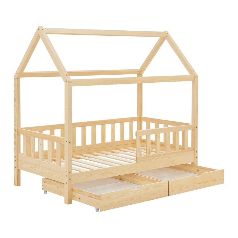 Juskys Kinderbett Marli 90 x 200 cm mit Bettkasten 2-teilig, Rausfallschutz, Lattenrost & Dach - Massivholz Hausbett für Kinder - Bett in Natur