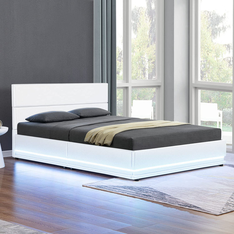 Juskys Polsterbett Toulouse 180x200 cm mit Bettkasten, LED Beleuchtung & Lattenrost - Bezug aus Kunstleder - Bett Doppelbett Stauraumbett - weiß