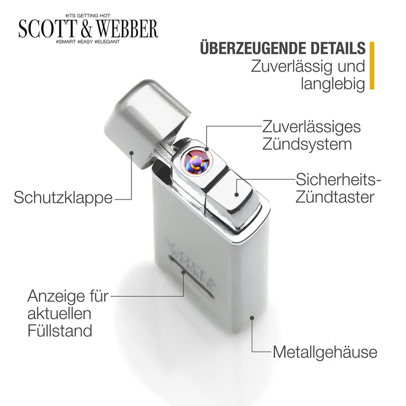 Scott & Webber® - Sturmfeuerzeug mit Jetflamme - Nachfüllbares Feuerzeug aus Metall einstellbar bis 1300°C - Inkl. edler Metallbox (Silber Master)