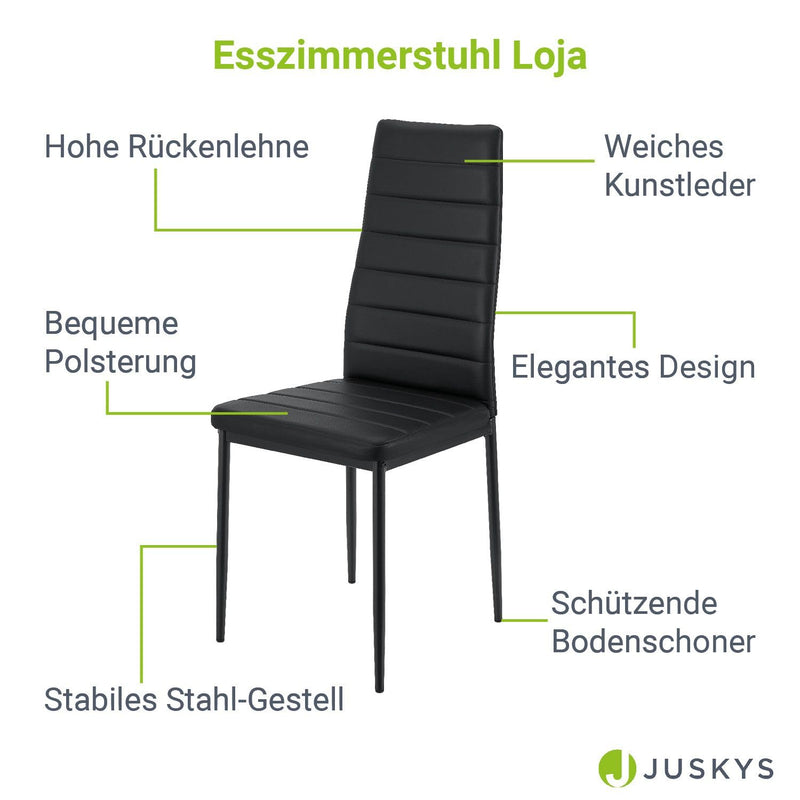 Juskys Esszimmerstühle Loja Stühle 4er Set Esszimmerstuhl - Küchenstühle mit Kunstleder Bezug - hohe Lehne stabiles Gestell - Stuhl in Schwarz