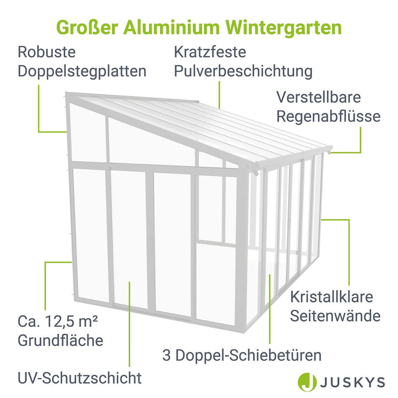 Juskys Wintergarten 12,5 m² - mit kristallklaren Wänden, Doppel-Schiebetüren & UV-Schutz - wasserdicht & winterfeste Überdachung aus Aluminium - Weiß