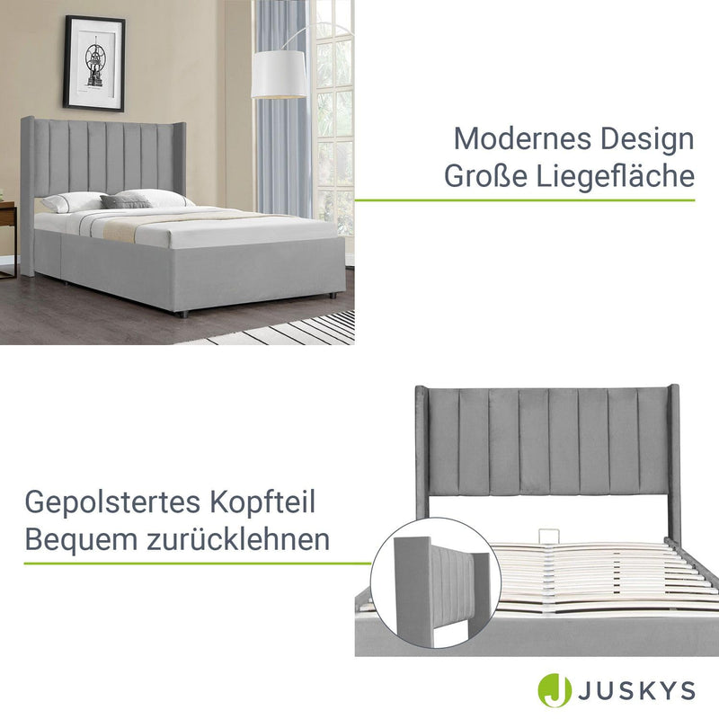 Juskys Polsterbett Savona 120x200 cm mit Matratze - Bett mit Bettkasten, Samt-Bezug - Bettgestell aus Holz, bis 250 kg, großes Kopfteil - Hellgrau