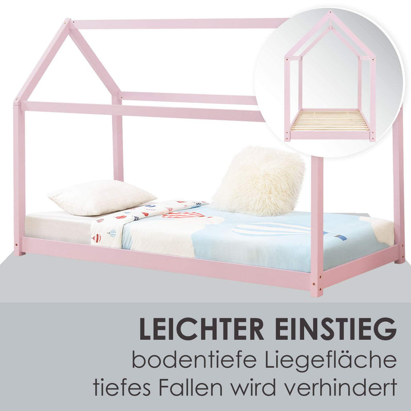 Juskys Kinderbett Carlotta 90x200 cm mit Lattenrost & Dach - Massivholz - max. 120 kg - Kinder Haus Bett Hausbett Bodenbett Mädchen Jungen grau
