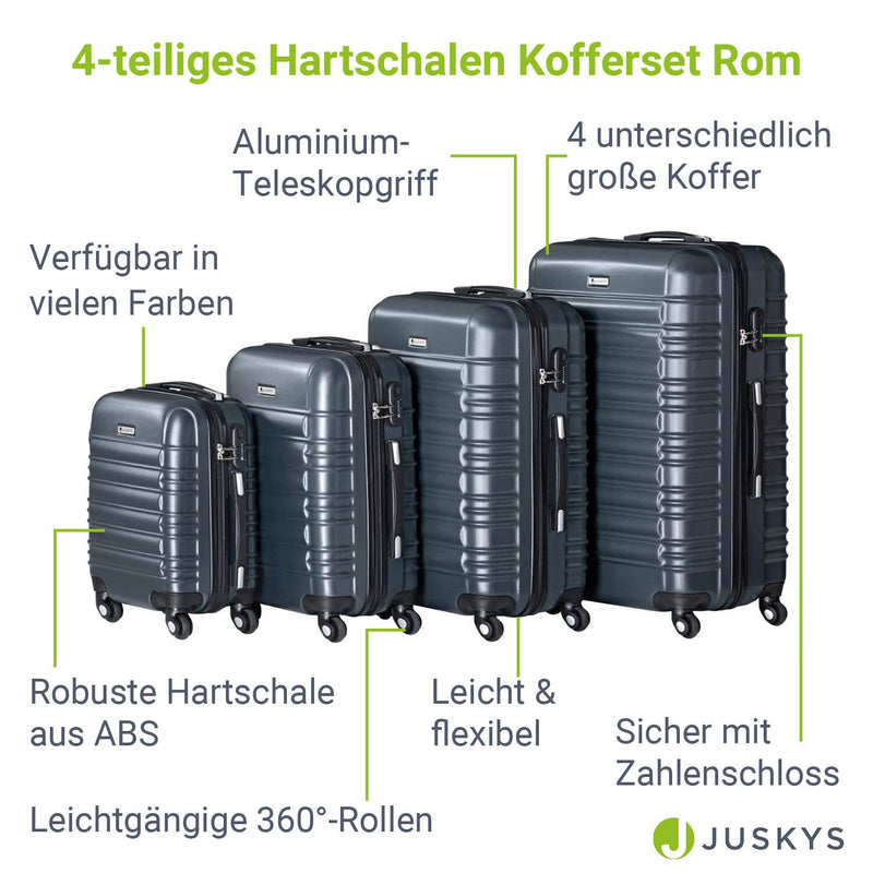 Juskys Hartschale Kofferset Reisekoffer 4 teilig - Zahlenschloss, geräuscharme 360° Rollen groß, Teleskopgriff, leicht - Koffer in Champagner