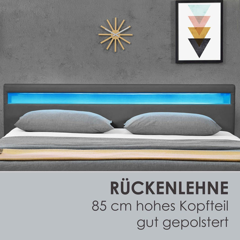 Juskys Polsterbett Lyon 140 x 200 cm mit Bettkasten, LED Beleuchtung, Lattenrost & Kunstleder, grau, Bett Bettgestell Einzelbett Jugendbett