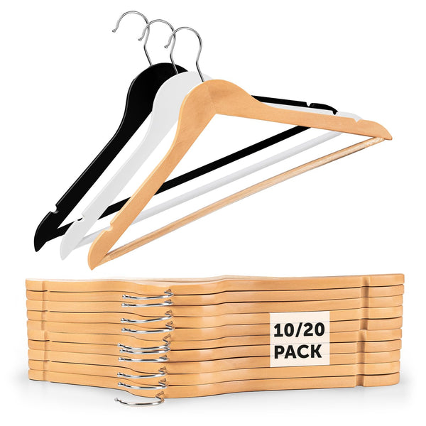 Blumtal 20er Set Kleiderbügel aus Holz - Premium Holzbügel mit Einkerbung im Schulterbereich und rutschfestem Hosensteg, 360° drehbarer Haken aus Chrom, Natur