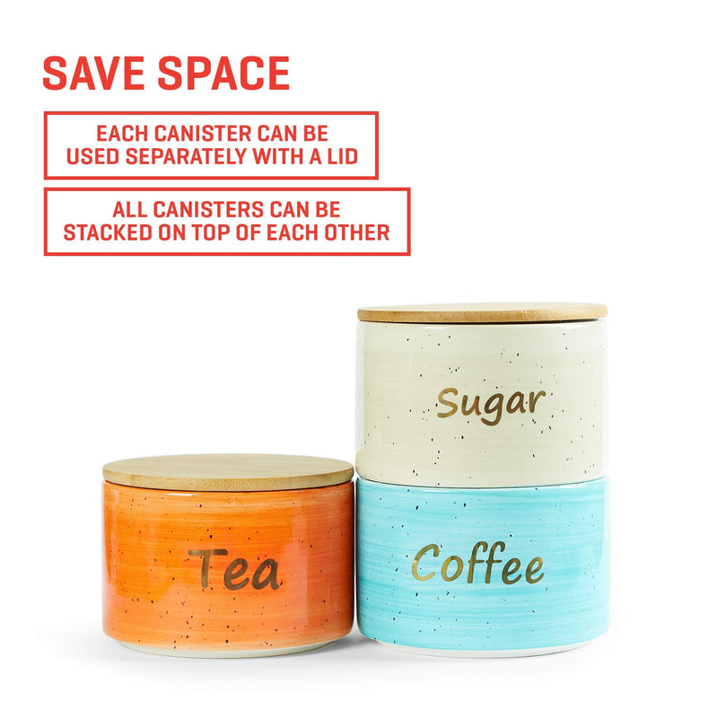 Uno Casa Vorratsdosen Keramik für Kaffee, Tee oder Zucker – 3er Set Vorratsbehälter mit luftdichtem Bambus Deckel – Ideal für die Aufbewahrung von Lebensmitteln in der Küche