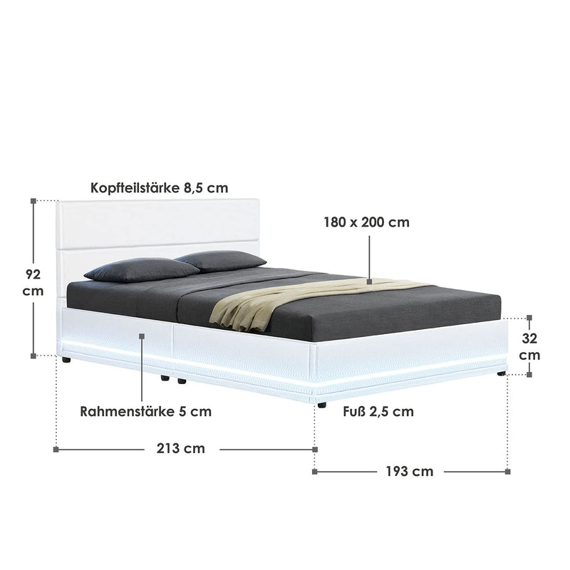 Juskys Polsterbett Toulouse 180x200 cm mit Bettkasten, LED Beleuchtung & Lattenrost - Bezug aus Kunstleder - Bett Doppelbett Stauraumbett - weiß