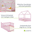 Juskys Kinderbett Marli 90 x 200 cm mit Rausfallschutz, Lattenrost und Dach - Massivholz Hausbett für Kinder - Bett in Rosa
