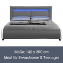 Juskys Polsterbett Murcia 140x200 cm mit Matratze, LED Beleuchtung, Lattenrost & Kopfteil - Jugendbett mit Kunstleder grau Bett Einzelbett komplett