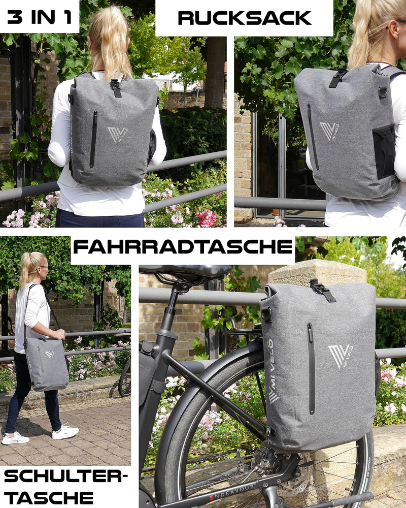 MIVELO - 3 in 1 Fahrradtasche - Rucksack - Schultertasche wasserdicht, inkl. Laptopfach, für Fahrrad Gepäckträger Aller Art, grau