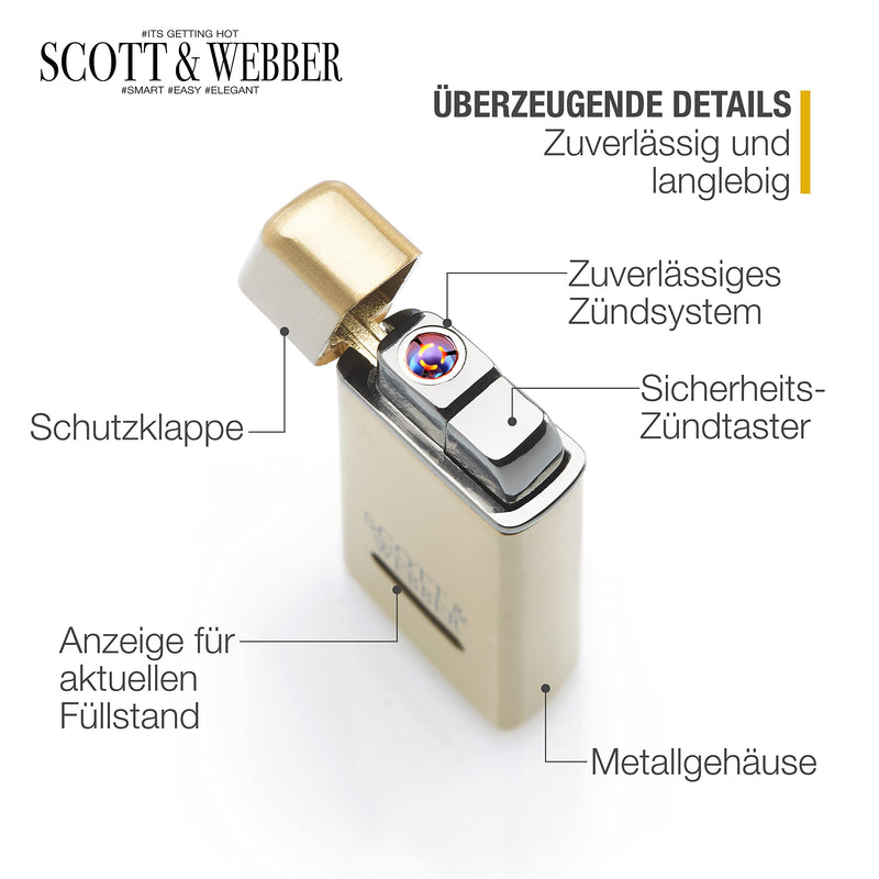 Scott & Webber® - Sturmfeuerzeug mit Jetflamme - Nachfüllbares Feuerzeug aus Metall einstellbar bis 1300°C - Inkl. edler Metallbox (Gold Master)