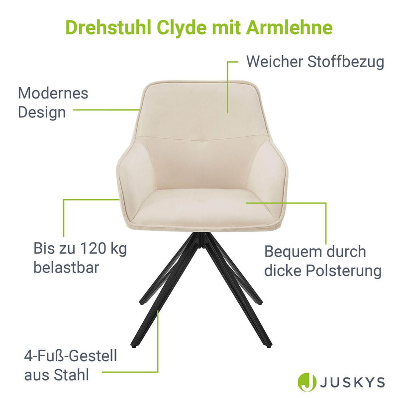 Juskys Drehstuhl Clyde mit Armlehne & Stoff Bezug - 1x Esszimmerstuhl modern - Polsterstuhl Esszimmer - 120 kg belastbar - Stuhl Samt Beige