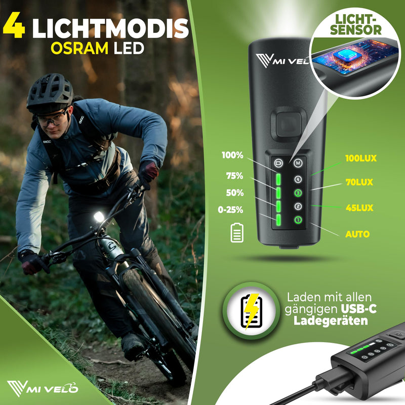 MIVELO SMART PRO Fahrradlicht Set mit Bremsfunktion&11h Akkulaufzeit StVZO zugelassen Fahrradbeleuchtung USB-aufladbar & 100% wasserdicht LED Fahrrad Licht vorne & hinten Rücklicht, Fahrradbeleuchtung