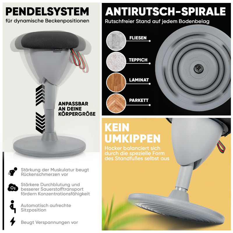 SteinLife Cone - Sitzhocker ergonomisch mit Schwingeffekt - [Höhenverstellbar] - Bürohocker Arbeitshocker Drehhocker Hocker für Büro und Arbeitszimmer [rutschfest] | Farbe wählen (Schwarz)