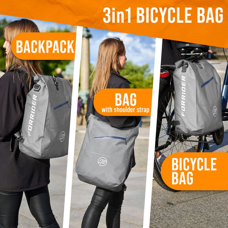 Forrider 3in1 Fahrradtasche für Gepäckträger mit Rucksack Wasserdicht 27L I Gepäckträgertasche Reflektierend I Sattel Tasche fürs Fahrrad (Grey)