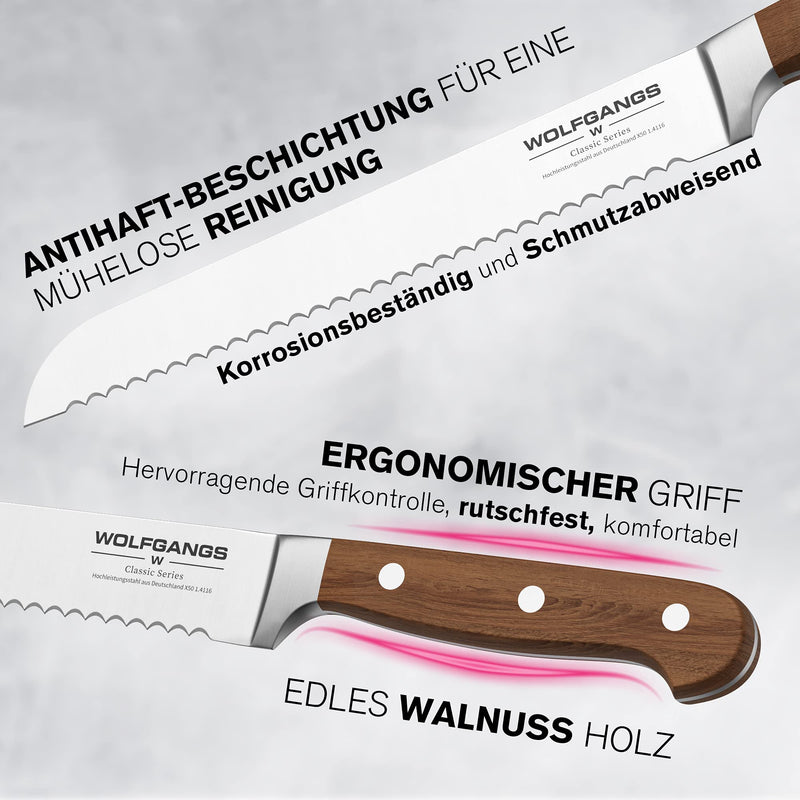 Wolfgangs Premium Brotmesser - Extrascharfe Qualitäts-Klinge aus rostfreiem deutschem Edelstahl - Brotmesser Wellenschliff - Bread Knife in edlem Design - Profi-Küchenmesser Top-Qualität (braun)