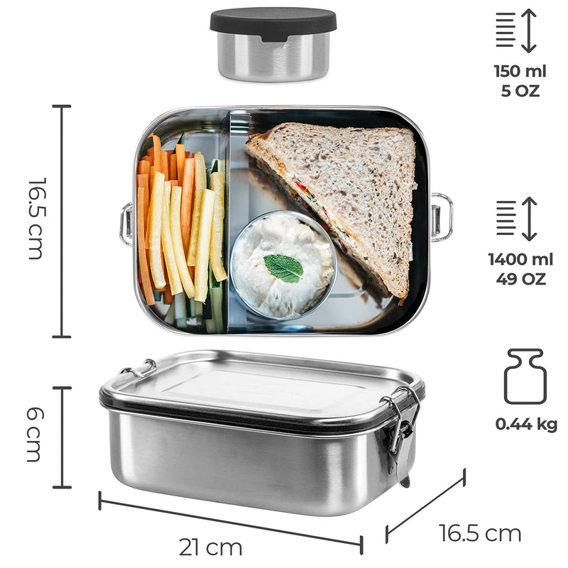SILBERTHAL Brotdose Edelstahl mit Fächern – Große Lunchbox 1400ml für Erwachsene – Auslaufsicher – Mit Extra Behälter für Saucen und Dips