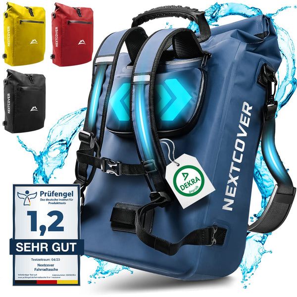 Nextcover® NEU 3in1 Fahrradtasche für Gepäckträger [Aquashield] - Verwendbar als Gepäckträgertasche, Rucksack und Umhängetasche [25 Liter] inkl. Laptoptasche I wasserdichte Fahrrad Tasche (Blau)