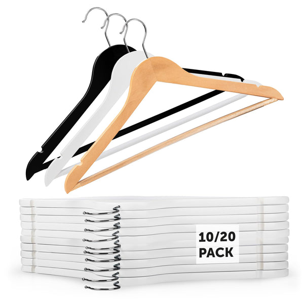 Blumtal 20er Set Kleiderbügel aus Holz - Premium Holzbügel mit Einkerbung im Schulterbereich und rutschfestem Hosensteg, 360° drehbarer Haken aus Chrom, Weiss