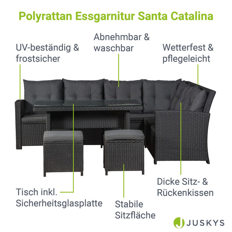 Juskys Polyrattan Gartenmöbel-Set Santa Catalina Schwarz — Lounge-Set mit Ecksofa, Tisch, 2 Hocker, Kissen - Gartenlounge wetterfest bis 7 Personen