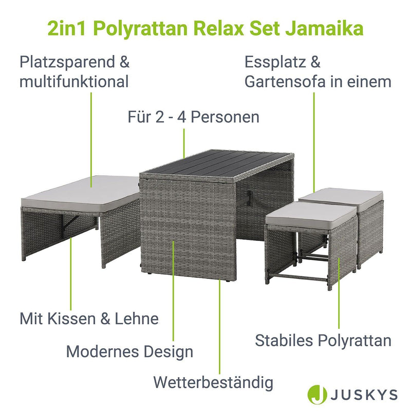 Juskys 2in1 Polyrattan Relax Gartenmöbel Set Jamaika - Tisch, Gartenlounge Sofa - Balkonmöbel Sitzgruppe für Balkon, Garten - Outdoor Lounge Grau